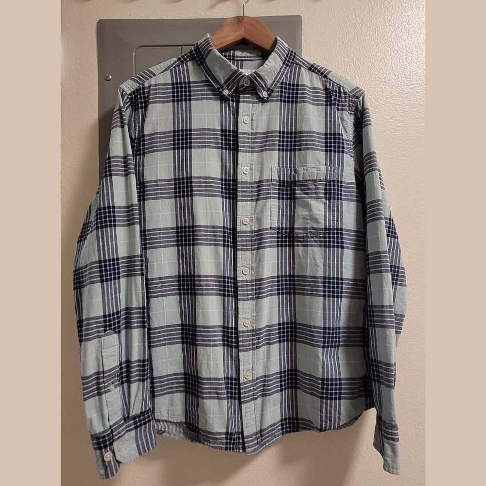 Goodfellow M Standard Button Long Sleeve Shirt, Blue Plaid, Cotton